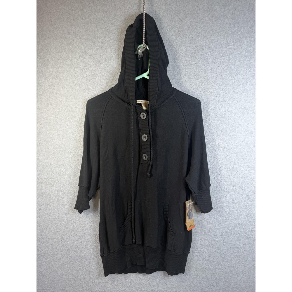 Ruff Hewn Sweater Womens XL Black Hooded Button Tunic 3/4 Sleeve Pockets Knit